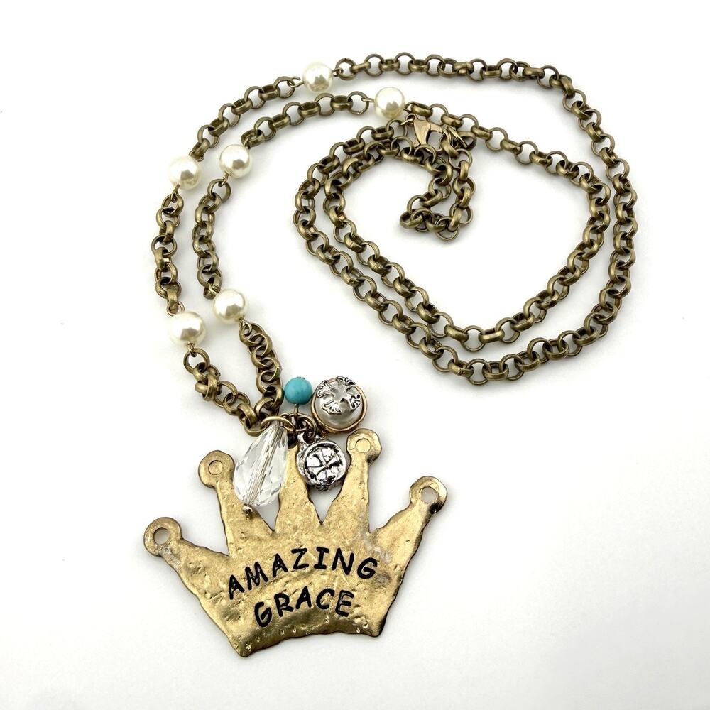 Amazing Grace Crown Necklace Gold 32” Long Statement Christian Faith Jewlery